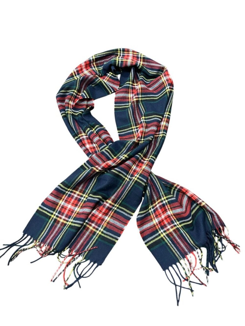 74.5"x12.5" Tartan Plaid Scarf Fringed Wool Red Navy Heritage Style Cozycore